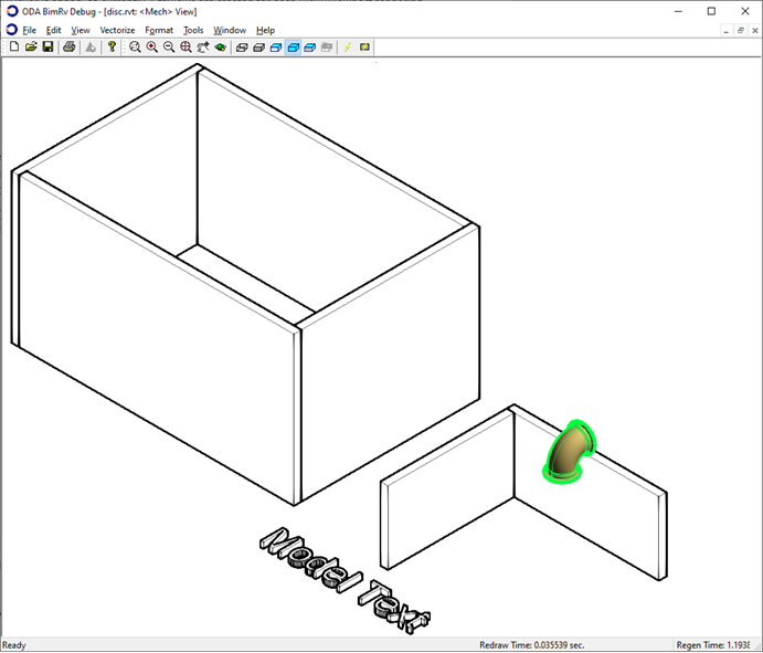 For the mechanical discipline, the pipe fitting is drawn above the wall, and other elements are rendered in hidden line mode