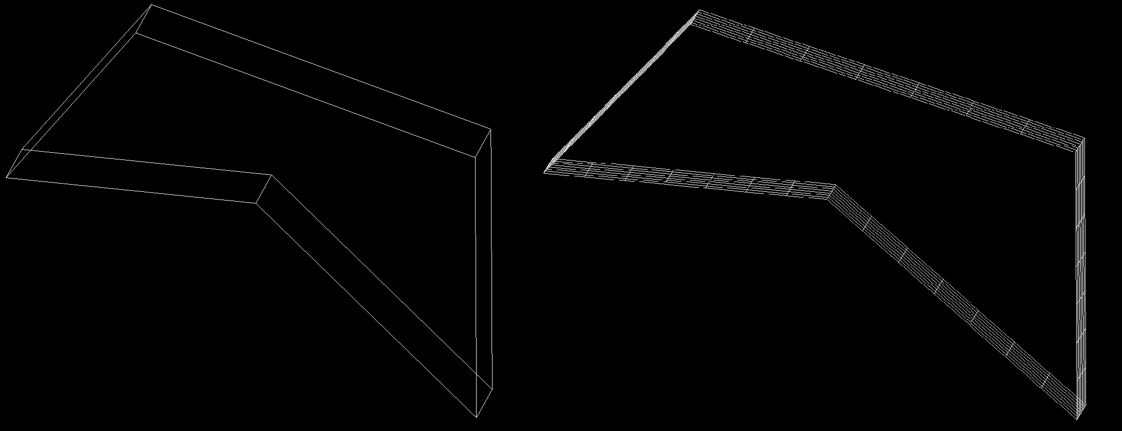 a closed polyline with thickness 2.0 before and after conversion to an extruded surface