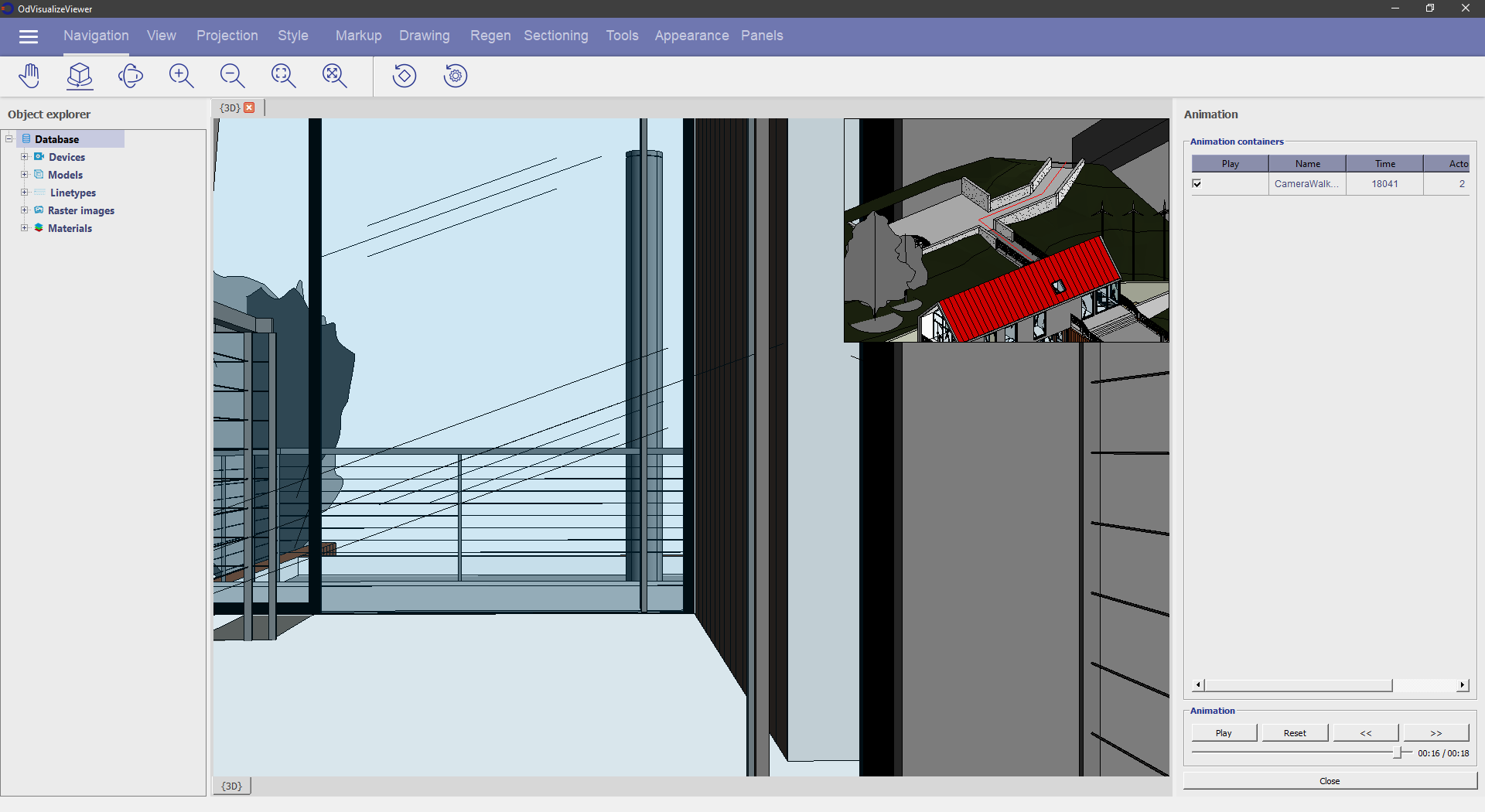 Screen capture of a building walk-through generated by ODA Visualize SDK